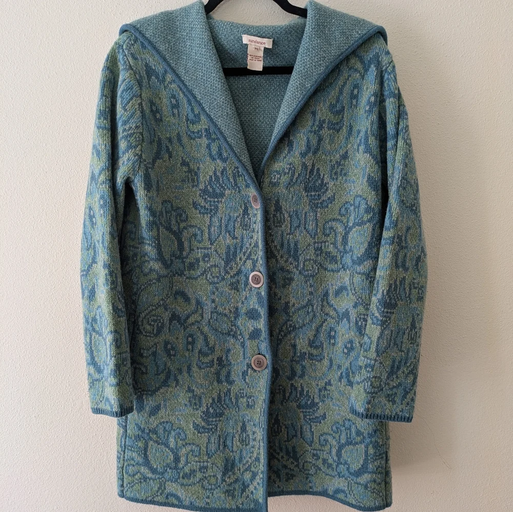 Sundance 100% Lambswool Teal Jacquard Jacket Cardigan sz PS Boho Fisherman - Picture 4 of 11